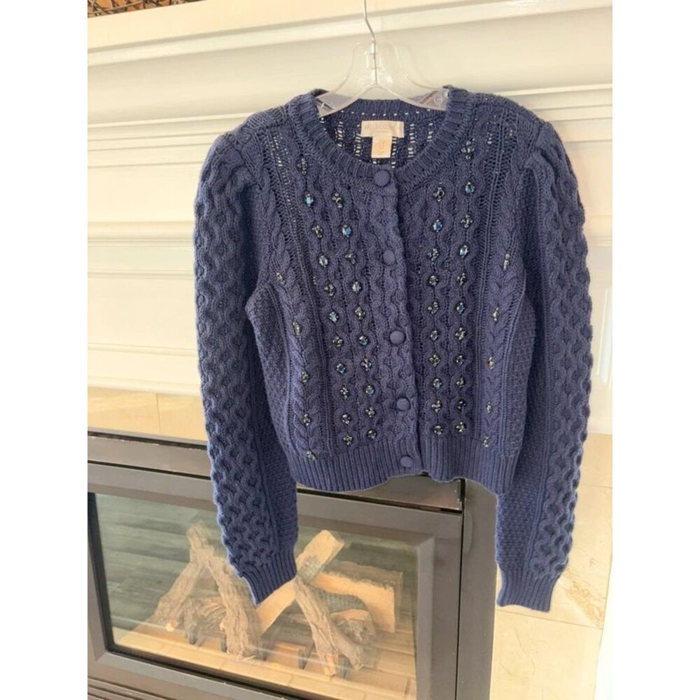 Caroline Constas Midnight Blue Jeweled Cardigan Sz Small